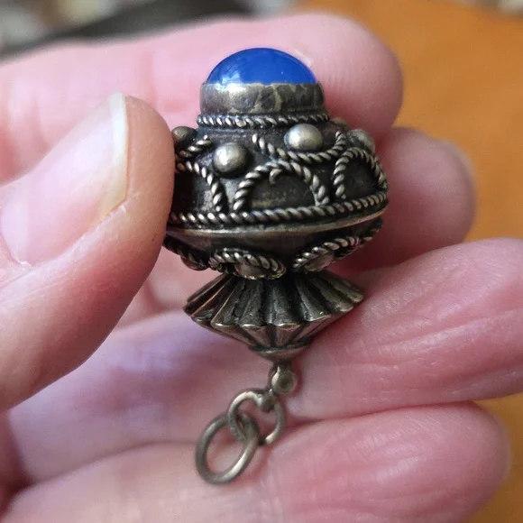 Vintage Etruscan Sterling Silver Large Purse Charm Bead Jade Pendant Focal 7gram - Picture 1 of 6